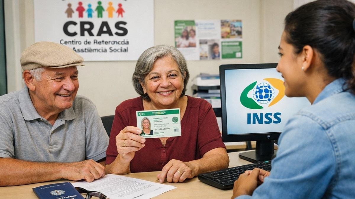 Idosos sendo atendidos no CRAS mostram nova carteira de identidade durante orientação sobre benefícios do INSS