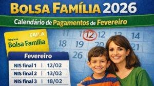 Calendário de pagamentos do Bolsa Família de fevereiro de 2026 com mãe e filho