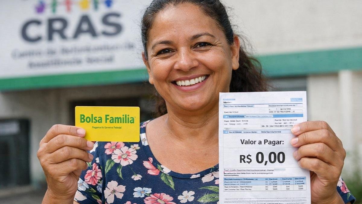 Beneficiária segurando cartão do Bolsa Família e conta de luz zerada em frente ao CRAS
